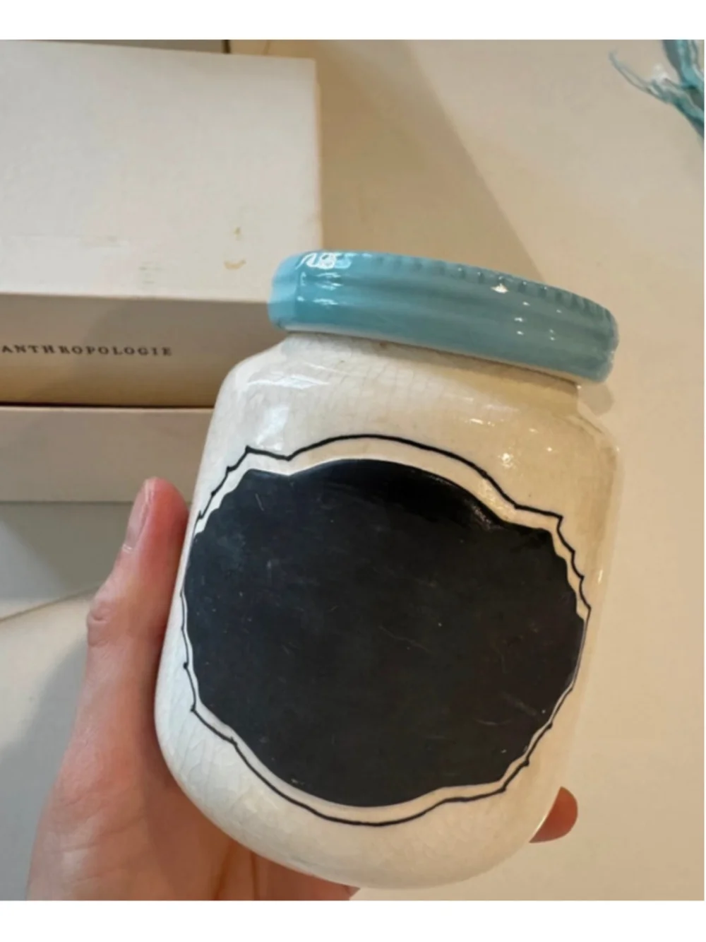 Anthropologie Ceramic Chalkboard Jar Blue Lid w/ Box